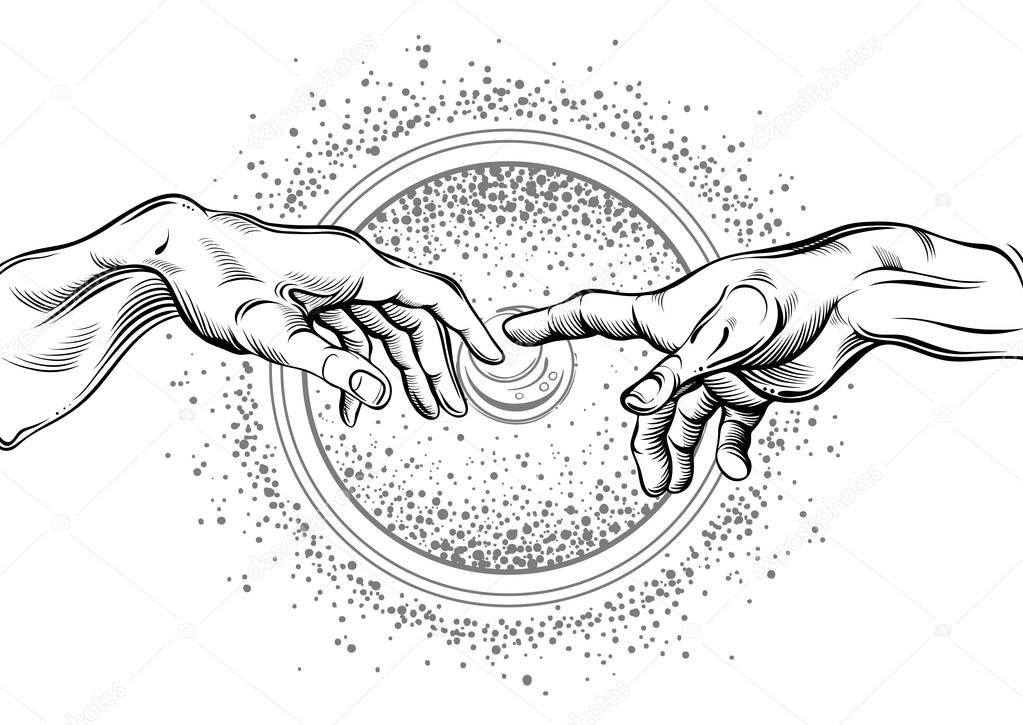 God and Adams hands. Modern vector illustration. The Creation of Adam. Philosophy of the Universe and religious motives. Artwork is great for any design industries: print, tattoos, clipboards, textiles and etc.