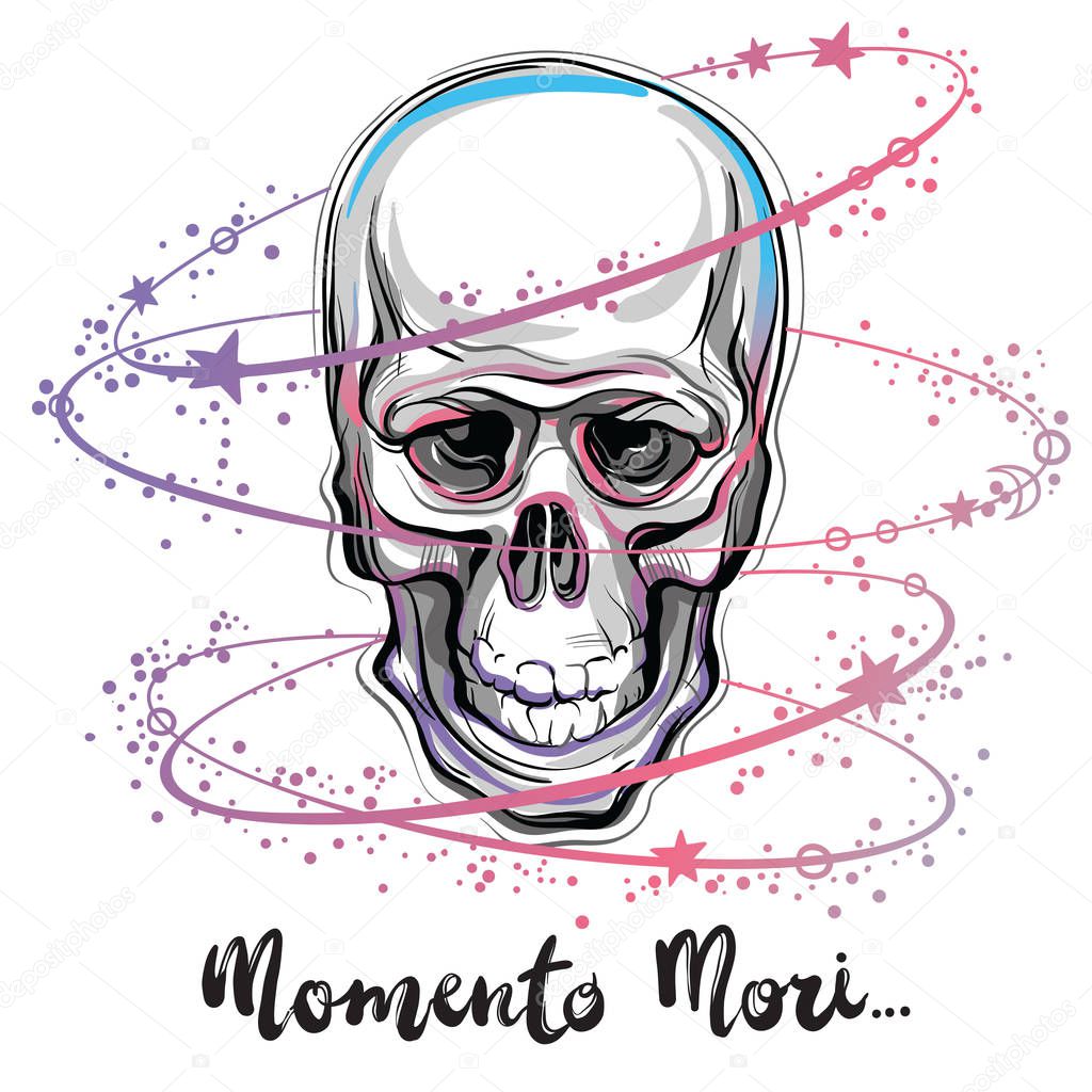 Trendy vector illustration of a human skull - the symbol of sacred life and bitter truth. Vintage tattoo design and mystic sign. Artwork is best for print, poster, t-shirt. Magic symbol art.