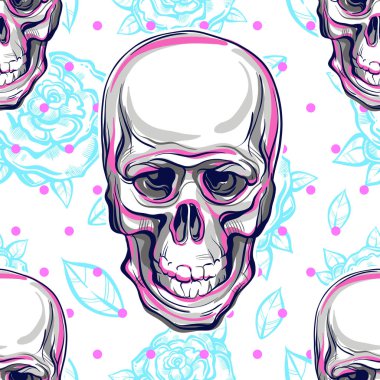 Vektör Dikişsiz desen insan kafatasları ve gül. Kutsal hayat ve acı gerçek sihirli sembolü. Mistik sembol. Anatomi. Baskı, poster, Tekstil için en iyi.