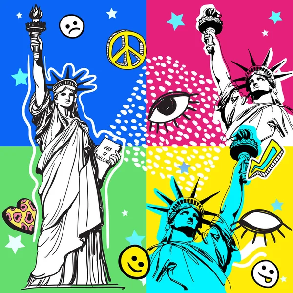 Retro popüler sanat tarzı renkli resimde. 80 li yılların moda, 80s yazdırmak. Memphis tasarım öğeleri ve Özgürlük Anıtı, Amerika. 80'ler grafik şablon tarzı. Doğu düzenlenebilir vektör çizimleri.