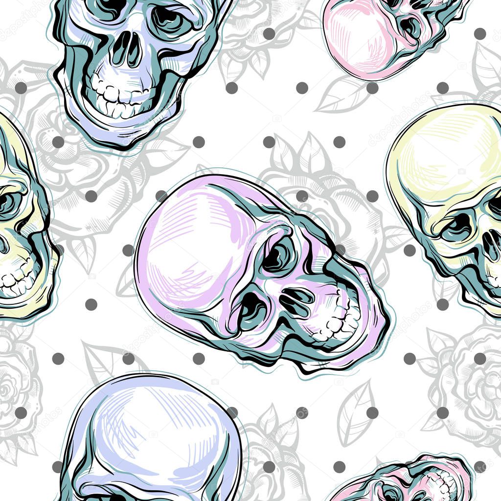 Vector seamless pattern of human skulls and roses. Magic symbol of sacred life and bitter truth. Mystic symbol. Anatomy. Best for print, poster, textile.