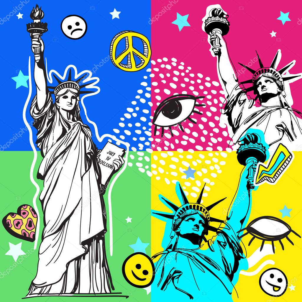 Retro pop-art style colorful illustration. 80s fashion, 80s print. Memphis design elements and Statue of Liberty, America. Eighties style graphic template. East editable vector artwork.