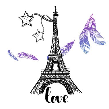 Dünya ünlü koleksiyonu. Fransa. Paris. Eyfel Kulesi boho stil öğeleri ile. Beyaz izole aşk güzel sembolü. Vektör çizim.