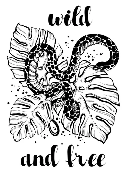 熱帯蛇と描画ベクトル図をヤシの葉に引き渡します 美しく詳細なアートワーク コンセプト アート 暗い恋愛 自由奔放に生きるスタイルをタトゥーします プリント Sirts のための完璧なデザイン — ストックベクタ