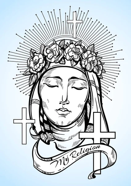 悲しみの聖母 キリスト教と卓越した信仰のシンボル 宗教的なベクトル図のタトゥーのデザイン ポスター印刷に最適 ロイヤリティフリーストックベクター