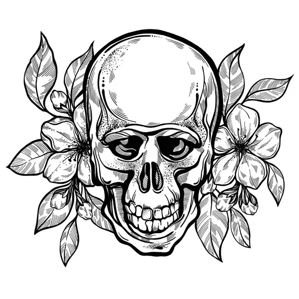 現実的な手アップルの花の描かれた人間の頭蓋骨 自由奔放に生きるスタイルのベクトル図です 密教の神秘的なシンボルのタトゥーのデザイン ポスター印刷に最適 ロイヤリティフリーのストックイラスト