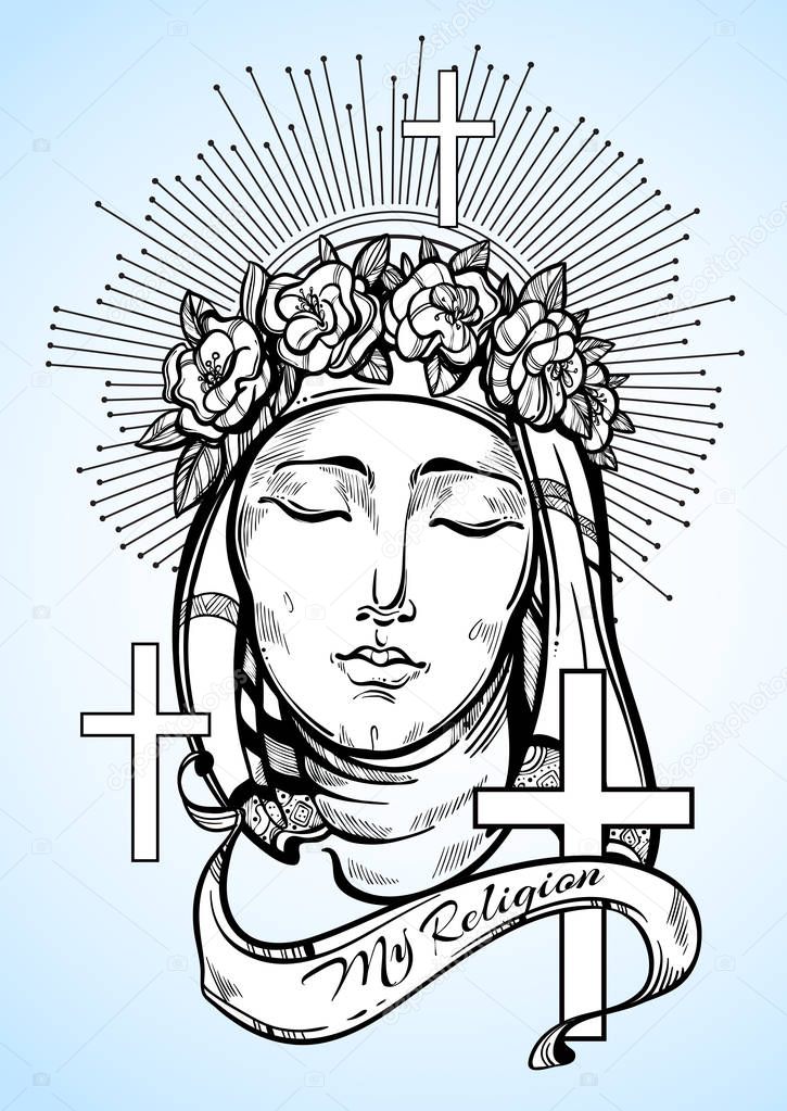Our Lady of Sorrows. Symbol of Christianity and outstanding faith. Religious vector illustration great for print, posters and tattoo design.