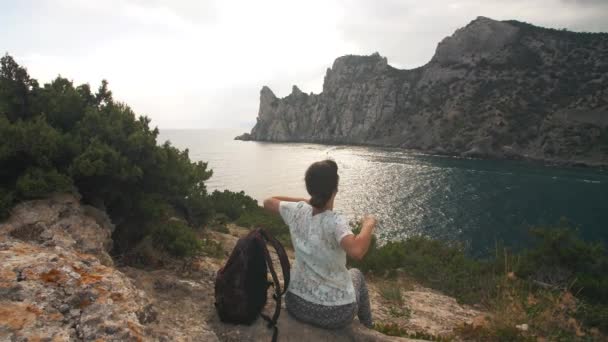 看海和山的女性旅行者 — 图库视频影像