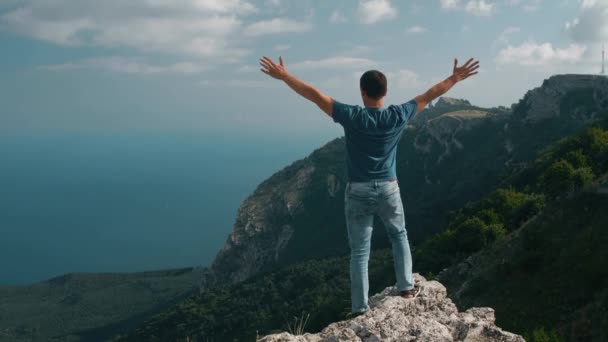 Mann auf den Felsen hebt die Hände — Stockvideo