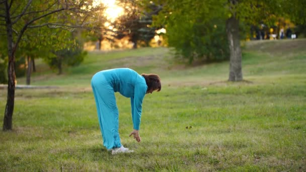 Woman doing exercises at park — Stock Video