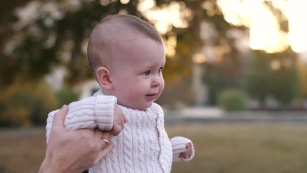 Baby wandelen in het park met vader — Stockvideo