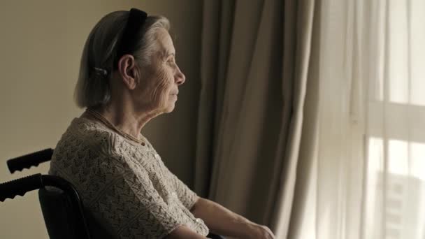 Mulher idosa com deficiência senta-se na cadeira de rodas e olha pela janela — Vídeo de Stock