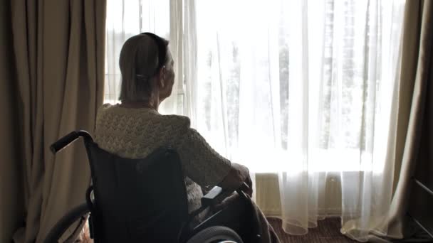 Інвалідність жінка сидить на інвалідному візку і дивиться крізь вікно — стокове відео