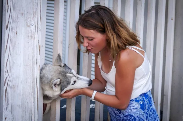 Beautiful Caucasian girl gently caressing a Siberian husky dog puppy. Girl owner caressing gently her husky pup. Love to animals, positive emotion, dog therapy training, pet therapy, comfort assistance service dog.