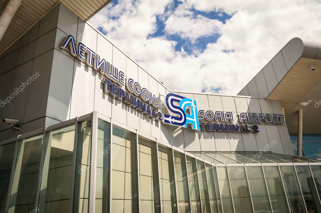 SOFIA, BULGARIA. August 3, 2018. The facade and exterior of the Sofia International Airport, Terminal 2, the main airport in Bulgaria, on a sunny day with a partly clear sky with clouds. Vrazhdebna