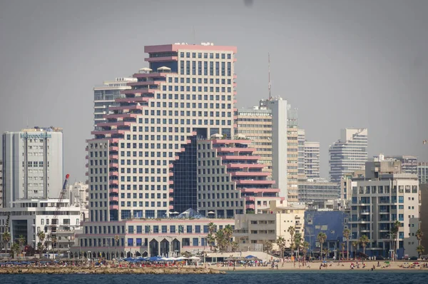 Панорамный Вид Набережную Тель Авива Средиземноморский Морской Пляж Зданием Бейт — стоковое фото