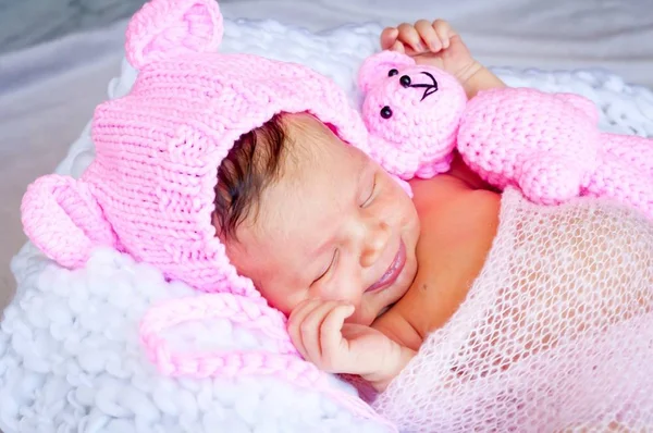 Cute Sleeping Newborn Caucasian Baby Girl Pink Hat Ears Holding — Stock Photo, Image