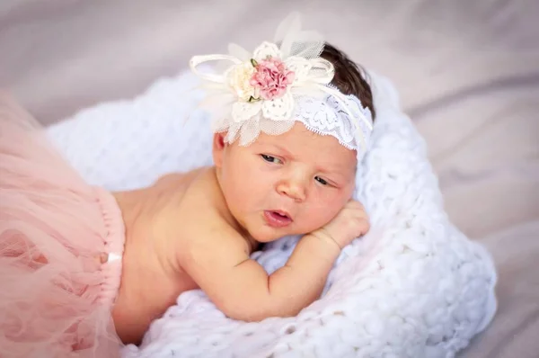 Cute Tiny Newborn Baby Princess Ballet Skirt Bow Basket Plaid — Stock Photo, Image