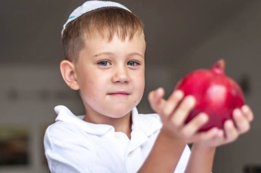 Sevimli beyaz Yahudi çocuk olgun nar meyve onun elinde tutan. Rosh Hashanah, Yahudi yeni yılı tatil kavramı görüntü.