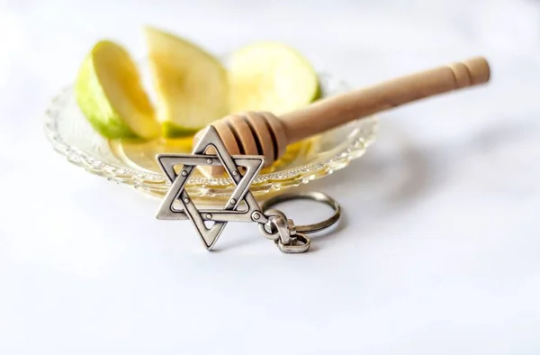 Rosh Hashanah Joods Nieuwjaar Concept Beeld Appels Met Honing Houten — Stockfoto