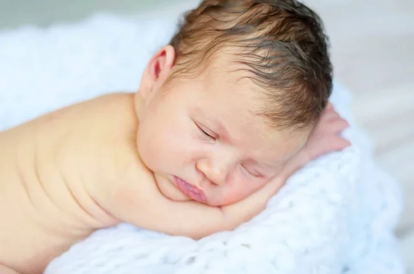 Bebé Dulce Inocente Durmiendo Sobre Una Manta Blanca Suave Sesión —  Fotos de Stock