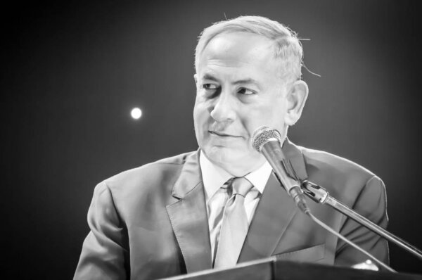 JERUSALEM, ISRAEL. June 14, 2016. Prime minister of Israel Benjamin Netanyahu giving an address at the Channel 9 "People of the Year 2016" ceremony. Binyamin Netanyahu black and white portrait image.