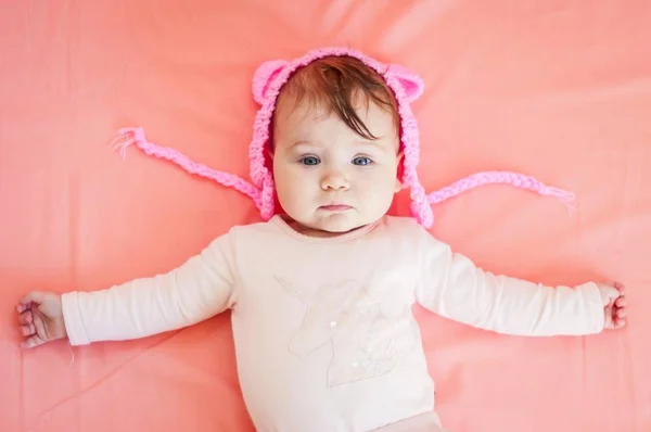 Sweet Adorable Caucasian Months Old Baby Girl Pink Hat Ears — Stock Photo, Image