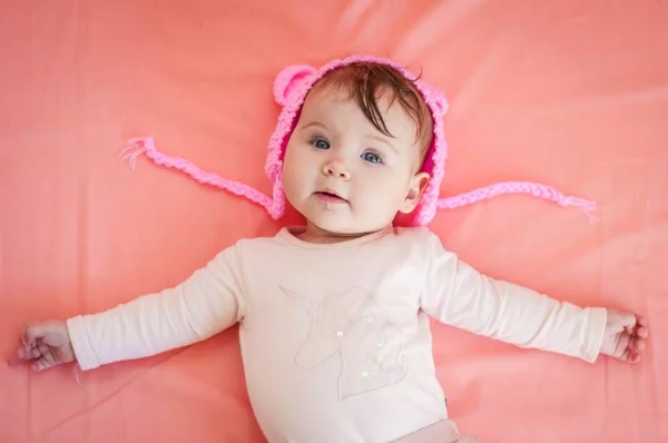 Sweet Adorable Caucasian Months Old Baby Girl Pink Hat Ears — Stock Photo, Image