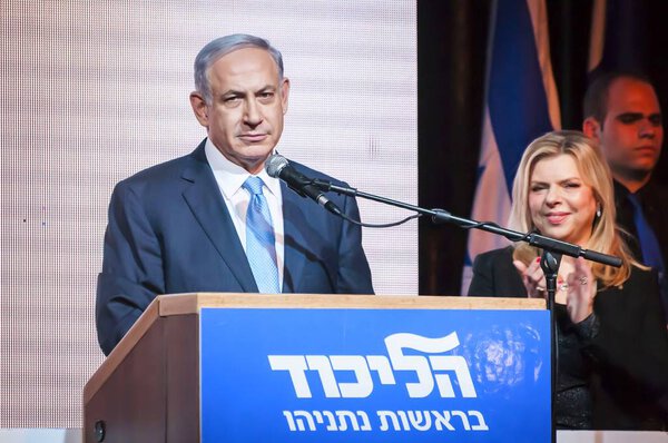 TEL AVIV, ISRAEL. March 17, 2015. Prime Minister of Israel Benjamin Netanyahu with his spouse Sara Netanyahu by him speaking at the Likud party event at end of the parliamentary election day. 