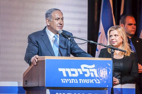 TEL AVIV, ISRAEL. March 17, 2015. Prime Minister of Israel Benjamin Netanyahu with his spouse Sara Netanyahu by him speaking at the Likud party event at end of the parliamentary election day. 