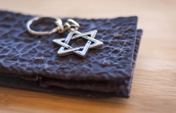 Traditional Jewish Unleavened Matzo Bread Covered Dark Cocoa Chocolate Star — Stock Photo, Image
