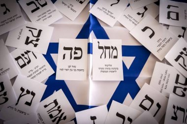 Holon, Israil. 9 Nisan 2019. Israil parlamento seçimlerinde iki ana rakip siyasi partilerin Ballot kağıtları 21 Knesset 2019: mavi ve beyaz (Kahol Lavan) ve Likud. 