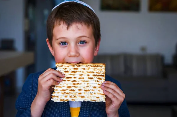 Cute Caucasian Jewish Boy Holding His Hands Taking Bite Traditional — Stock Photo, Image