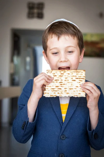 Cute Caucasian Jewish Boy Holding His Hands Taking Bite Traditional — Stock Photo, Image