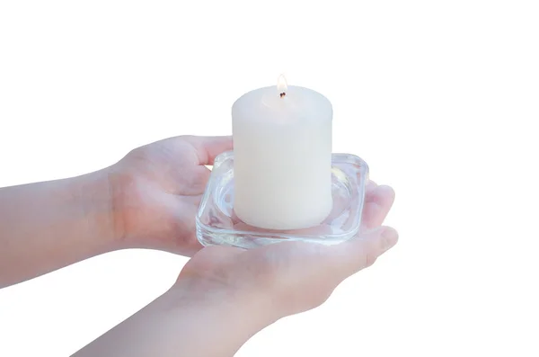 Female Hand Holding White Candle White Background Isolated — Stock Photo, Image