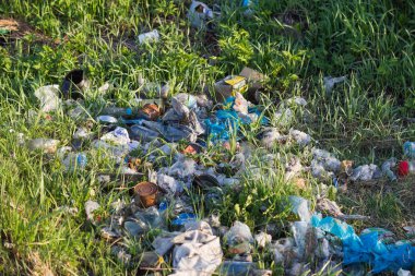 Doğa sorunlarında yeşil çimlerin üzerine yığılmış bir garaj yığını. Doğa koruması