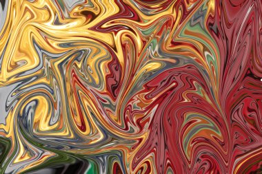 Kırmızı ile soyut desen Sıvılaştır, sarı, yeşil ve gri grafik sanat formu renk. Liquifying akışı ile dijital arka plan