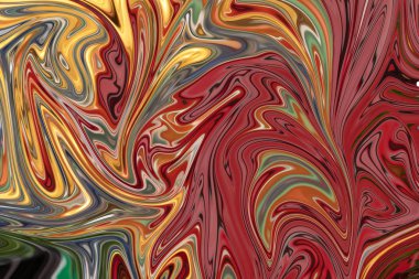 Kırmızı ile soyut desen Sıvılaştır, sarı, yeşil ve gri grafik sanat formu renk. Liquifying akışı ile dijital arka plan