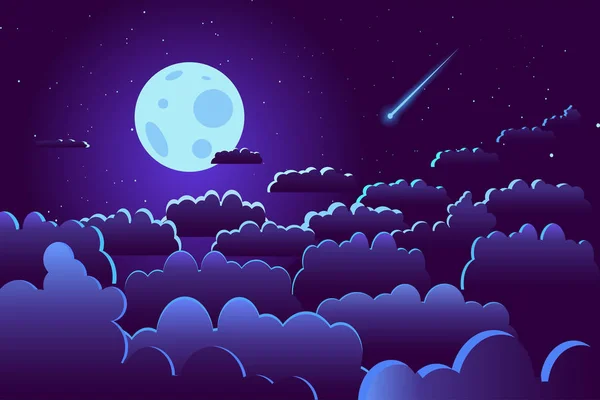 Starry night sky with moon and clouds illustration vector. Full moon above the clouds among stars with shooting star