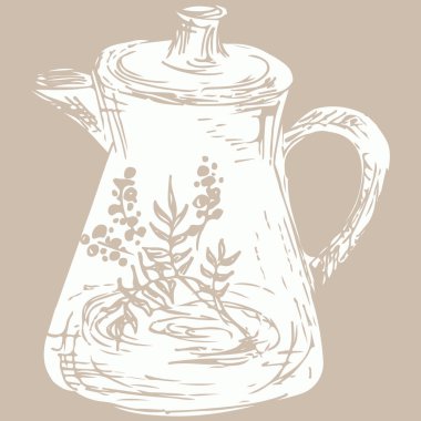 Menü ya da kafe için elle çizilmiş çaydanlık çizimi. Vektör Arap kahve demliği. Antika Arap çaydanlığı. El çizimi karalama çizimi. Arap mahsulü.