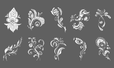 10 elle çizilmiş tropikal çiçeklerden oluşan büyük bir soyut vektör koleksiyonu. Eskiz tarzında çiçek seti. Seyahat ya da tişört için tropik çiçek koleksiyonu olan yaz arkaplanı. İzole edilmiş set.