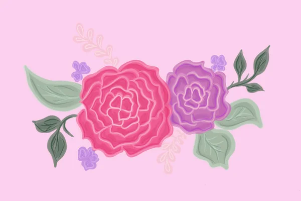 Kézzel Rajzolt Festett Virágok Levelek Elszigetelt Rózsaszín Alapon Illusztráció Tervezés — Stock Fotó
