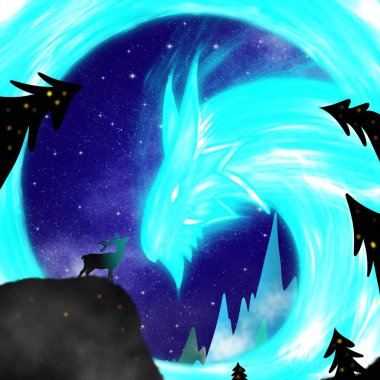 Kuzey Aurora Borealis 'in ejderha formunda olduğu dağ manzarası. Canlarım, rahat ev ve orman silueti. Aurora borealis soyut arkaplan illüstrasyonuyla manzara dağ manzarası.