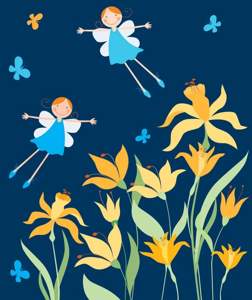 Alegre Elfos Niñas Volando Sobre Narcisos — Vector de stock