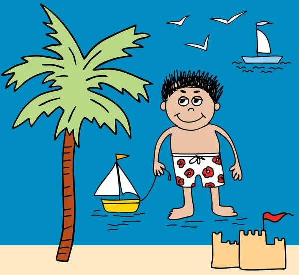 Vektorbild Eines Kleinen Jungen Auf Der Strandruhe — Stockvektor