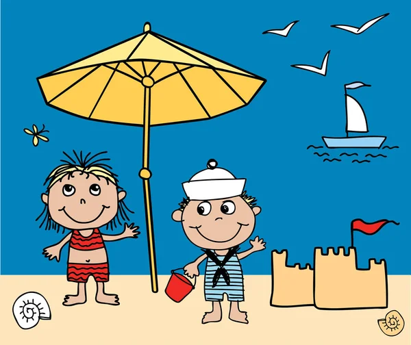 Imaginea Vectorială Copiilor Veseli Plajă Odihnă — Vector de stoc