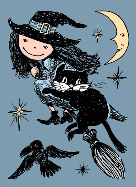 Una Bruja Con Gato Vuela Palo Escoba Noche Halloween — Archivo Imágenes Vectoriales