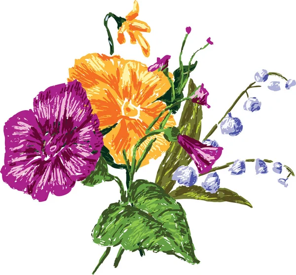 Dibujo Vectorial Pequeño Ramo Flores Todas Las Flores Aisladas — Vector de stock