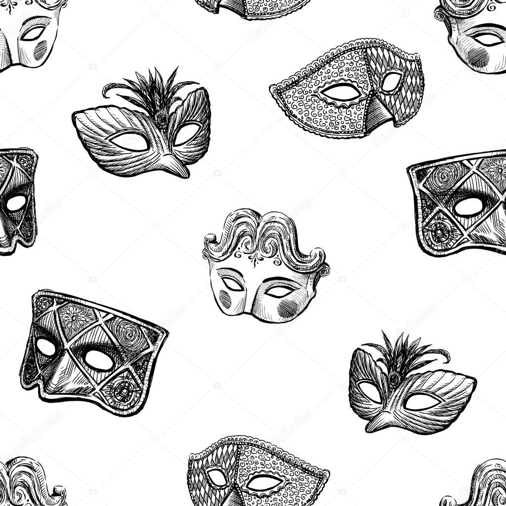 Vector pattern of drawn carnival masks