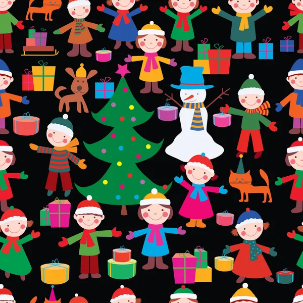 Бесшовный Фон Радостных Детей Рождественскими Подарками — стоковый вектор